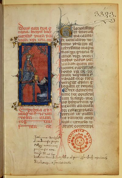 Manuscrit lat. 3323 de la Bibliothèque Nationale de França, Liber natalis pueri parvuli Christi Iesu(1311), foli 2r. A la miniatura, Llull ofereix el volum al rei Felip IV, el Bell.